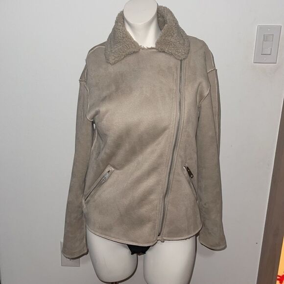 H&M Faux Suede Shearling-Lined Biker Jacket Size 2 - Picture 3 of 14